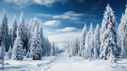 Snow covers the ground as trees stand against a clear blue sky in a winter scene © Ihor