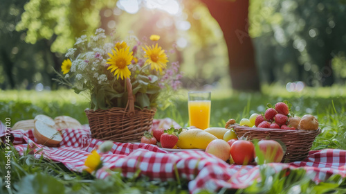 Sumptuous picnic spread out on a red and white checked cloth with wicker basket. Fresh fruits, bread, drinks and wildflowers set up on the grass in a beautiful summer forest. Happy family concept.
