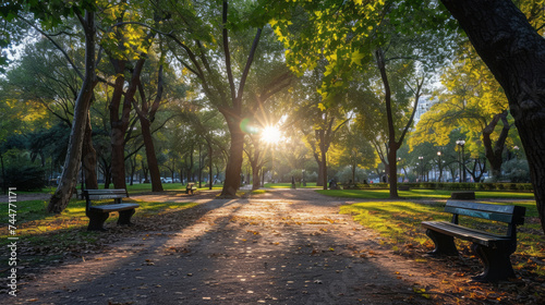 Fototapeta Naklejka Na Ścianę i Meble -  Green city park in sunny summer morning. Wide park alleyway, wooden benches, large trees with spreading crowns. A cozy park for quiet family walks.
