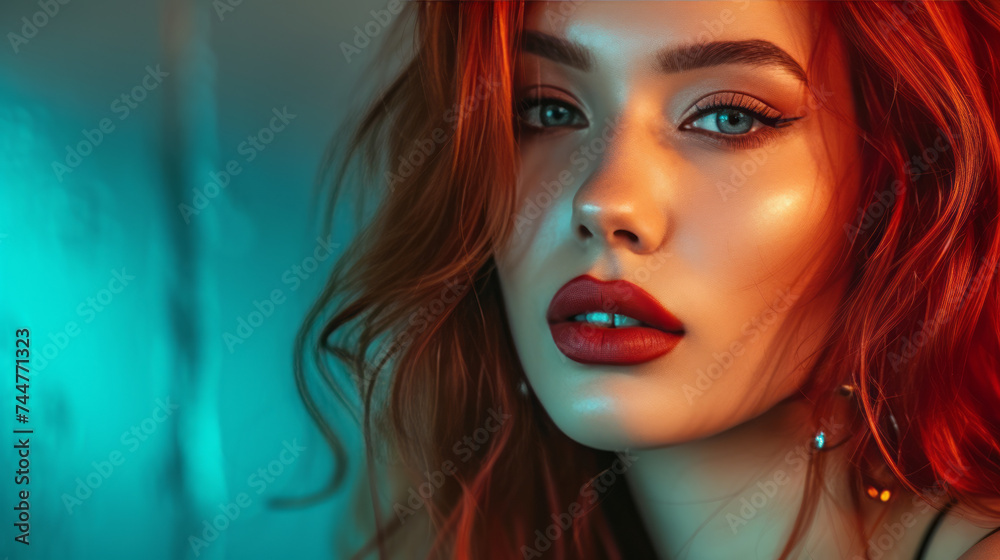 Close-up portrait of attractive Caucasian young woman with long wavy red hair. Charming model with bright makeup in neon light. Stylist and hairdresser concept. Beauty and diversity.