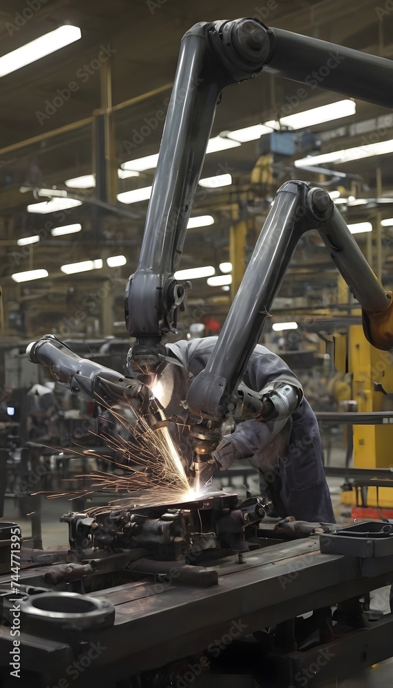 Fototapeta premium In a workshop, a mechanical arm welds a car frame.