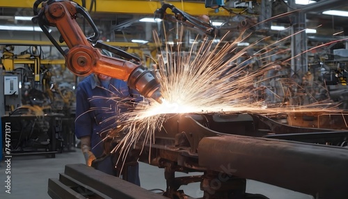 In a workshop, a mechanical arm welds a car frame.