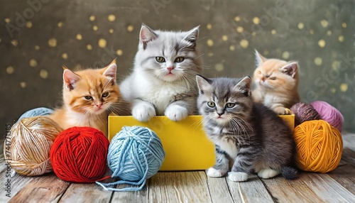 set of cute fat cats kawaii style collection of lovely little kitty play with a ball of yarn sleeps in box can be used for t shirt print stickers greeting card vector illustration eps8 photo