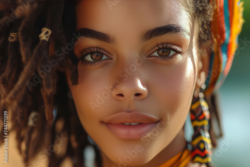 Close-up portrait of a charming black young woman with dreadlocks on a summer day. Beautiful African model with ethnic hairstyle. Natural beauty, diversity in fashion.