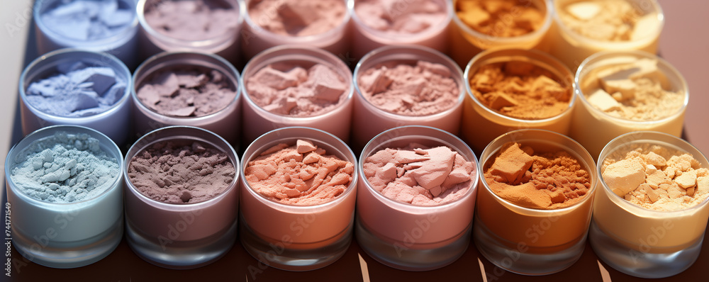 Assorted mineral makeup powder in containers. Beauty and cosmetics concept. Banner with copy space. Assorted mineral makeup powder in containers. Beauty and cosmetics concept. Banner with copy space.