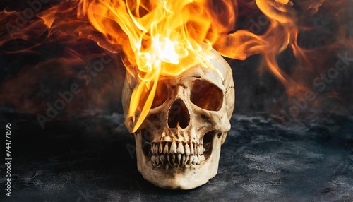 human skull in flames of fire from a burning sun inside the skull against a dark background global catastrophe or end of the world concept