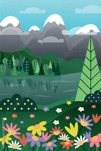 Vector cartoon drawing landscape field of flowers  lake and mountains