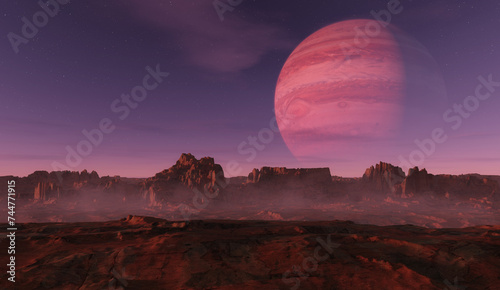 Sci-fi Scene of Alien Planet Rocky Terrain with Background Jupiter planet. 3d Rendering Artwork.