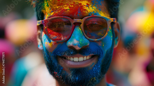 Man in sunglasses surrounded by colorful paints at Holi festival