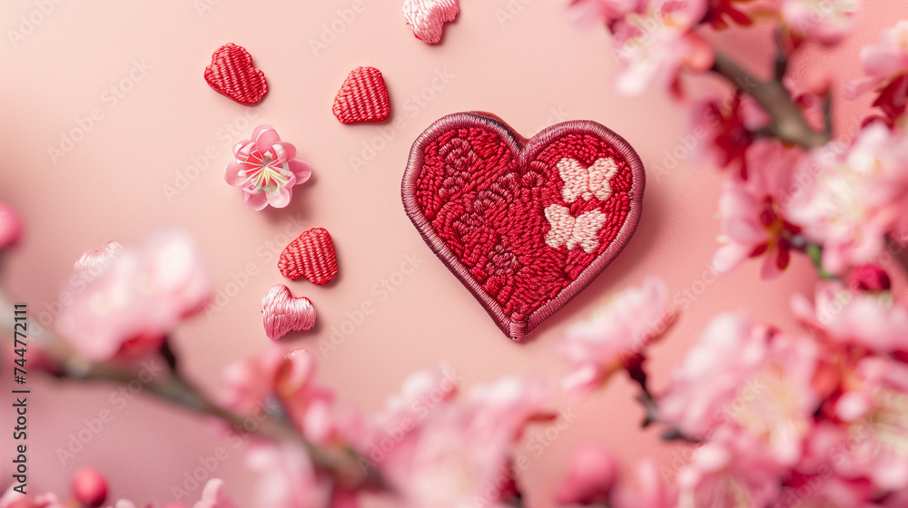 Heart-shaped patch with flowers on a blossomed background Heart-shaped patch with flowers on a blossomed background