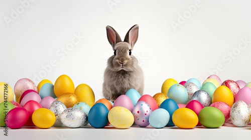 the Easter Bunny surrounded by colorful eggs, isolated on a pristine white background, leaving ample empty space for text or promotional messages, © lililia