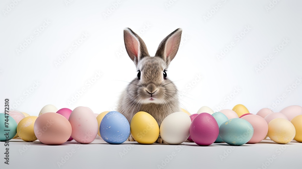 the Easter Bunny surrounded by colorful eggs, isolated on a pristine white background, leaving ample empty space for text or promotional messages,