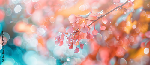 Delicate pastel pink blossoms with a soft, unfocused backdrop of warm, glowing bokeh lights creating a serene and dreamy atmosphere