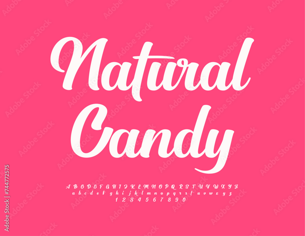 Vector advertising badge Natural Candy. Beautiful Calligraphic Font. Trendy Alphabet Letters and Numbers set.