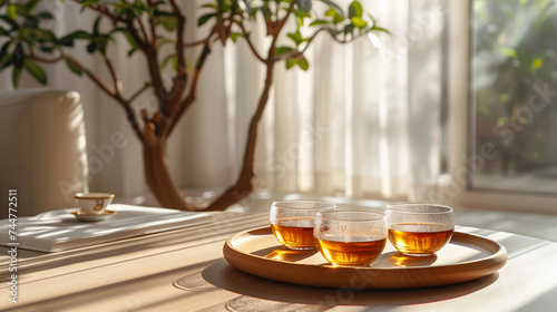 cups of tea in a salver  on the table in the morning