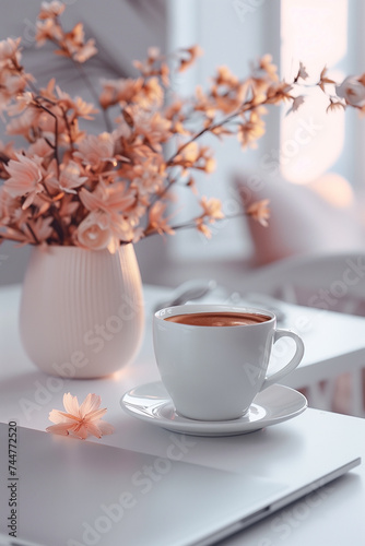 coffee cup and vise of flowers on white background