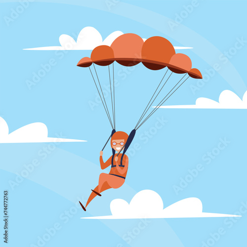 Cartoon paragliding sports man flying among the clouds in the sky on a parachute in an orange suit
