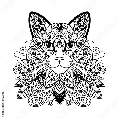 Cat face. Coloring book page for adults and kids. Animal portrait