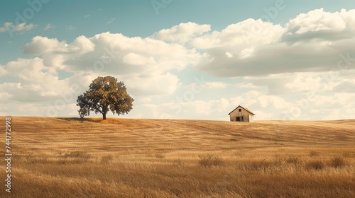 Lone Tree in Field With House in Background photo