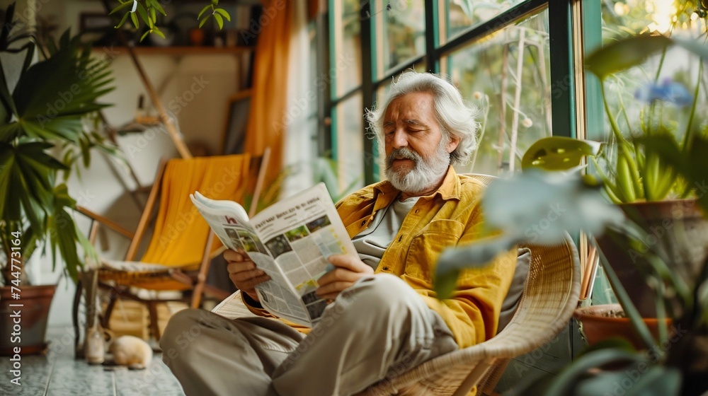 Senior Man Enjoying the Sunrise with a Newspaper. Generative ai
