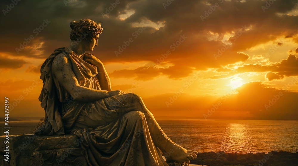 Ancient Statue Contemplating at Sunset. Generative ai