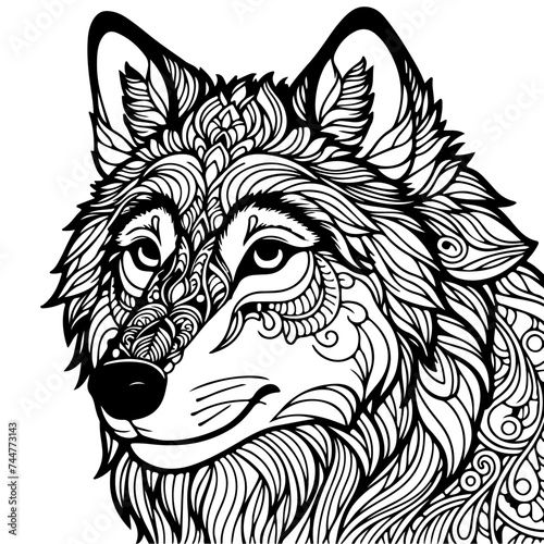 Wolf head. Coloring book page for adults and kids. Animal portrait