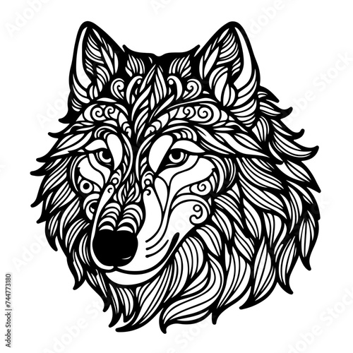 Wolf head. Coloring book page for adults and kids. Animal portrait