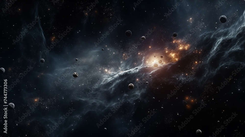 Fototapeta premium Dark space panorama filled with stars, stardust, planets and galaxy. Universe background