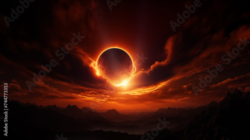 Dramatic view of a total solar eclipse over the mountains