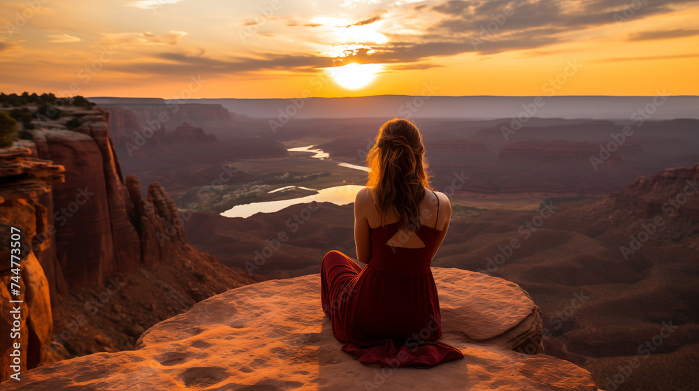 Woman in a red dress sitting on the top of the cliff looking at the ...