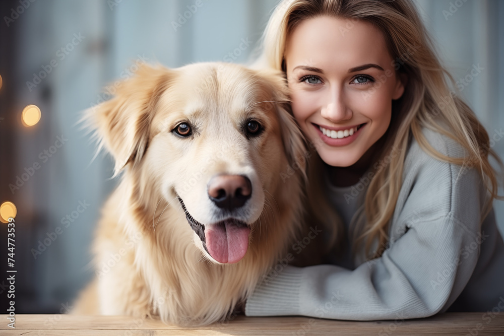 Young blonde woman hugging her pet white labrador. Smiling dog owner with her best friend at table