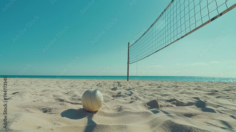 Sunny Beach Volleyball Day with Net and Ball on Pristine Sandy Beach with Clear Blue Sky