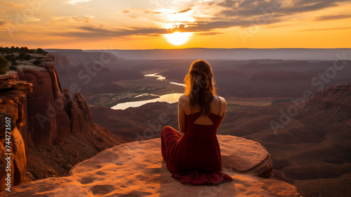 Woman in a red dress sitting on the top of the cliff looking at the sunset during golden hour. Tourist admiring a canyon landscape with river, gorge and chasm