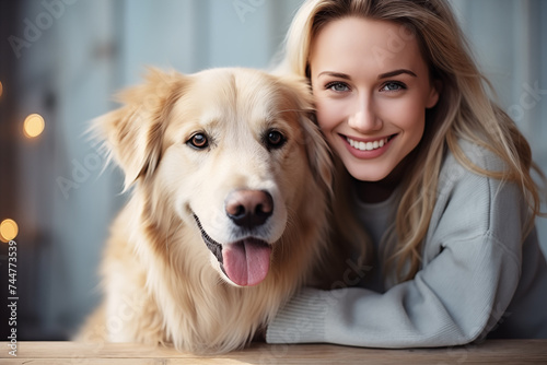 Young blonde woman hugging her pet white labrador. Smiling dog owner with her best friend at table photo