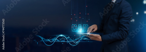 Cuadro en lienzo CAD: Businessman Uses Tablet on Computer-Aided Design (CAD) Icon Global Networking, Engineering Precision, Design Iterations, Collaborative Efforts Develop Smart Solutions from Digital Technology