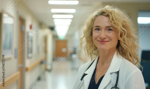 Middle aged smiling mature blond female doctor in light hospital smiling at camera