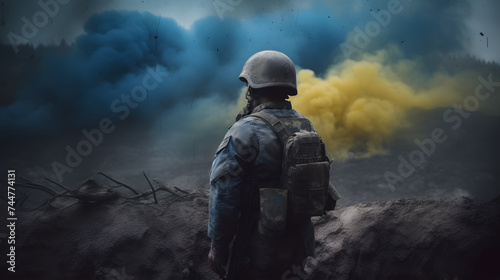  an army soldier looking at the Ukraine flag