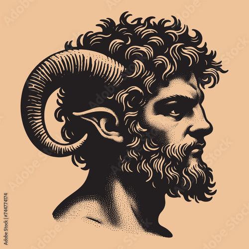 Mythical satyr portrait. Beautiful vintage engraving illustration, emblem, icon, logo. Black lines