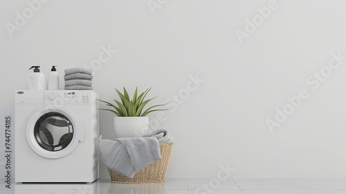 a washing machine positioned beside a white pot adorned with a plant and a nearby basket of towels, the meticulousness of household tasks. photo