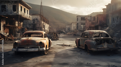  cars are wrecked on a burned out street with a view of the mountains © Oleksandr