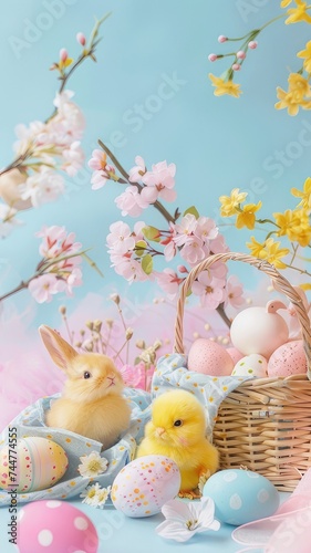Easter decorations, a yellow chic, bunny figurines, and an Easter basket, all arranged to perfection with plenty of empty space, ideal for adding personalized text or messages. © lililia