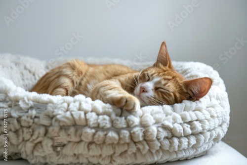 Ginger cat sleeping peacefully in a cozy knitted wool pet bed © Superhero Woozie