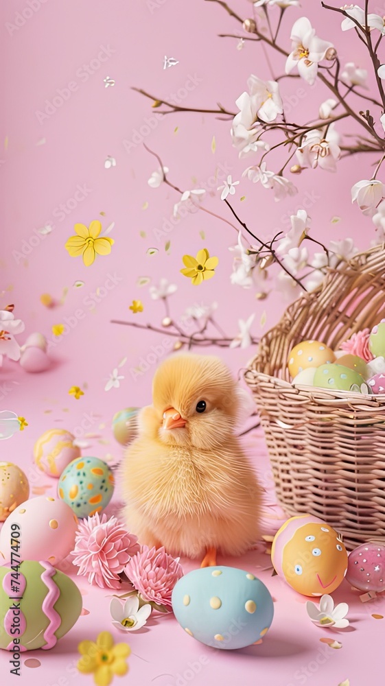 Fototapeta premium Easter decorations, a yellow chic, bunny figurines, and an Easter basket, all arranged to perfection with plenty of empty space, ideal for adding personalized text or messages.