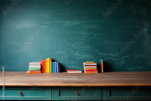 A row of colorful hardcover books on a wooden table with a blackboard in the background, education concept with various textbooks and learning materials, academic study resources for students and teac