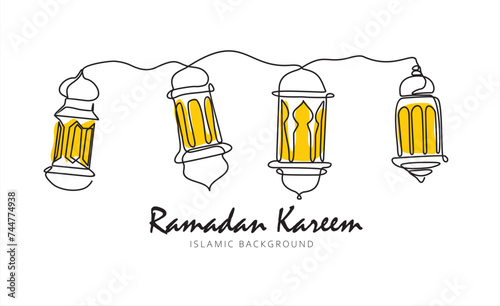 Continuous line drawing of ramadan kareem greeting card. lantern, moon and star islamic decoration, object one line, single line art, vector illustration