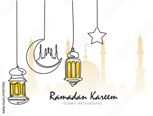 Continuous line drawing of ramadan kareem greeting card. lantern, moon and star islamic decoration, object one line, single line art, vector illustration