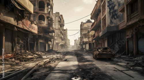  a road in a city burnt out after a blast