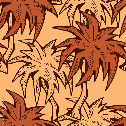 Wallpaper Mural Tropical seamless pattern with palm leaves and tree. Holiday vocation theme for fabric print, textile design, fashion party invitation, luxury life style. Hand drawn cartoon line illustration. Torontodigital.ca