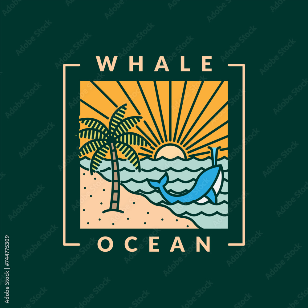 illustration of beach and whale monoline or line art style