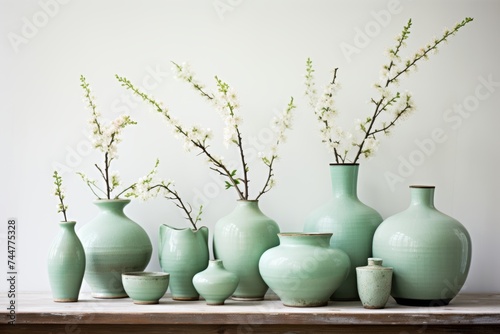 Collection of elegant celadon green ceramic vases on a white table against a neutral backdrop, showcasing a blend of glossy and matte finishes in diverse shapes and sizes.
